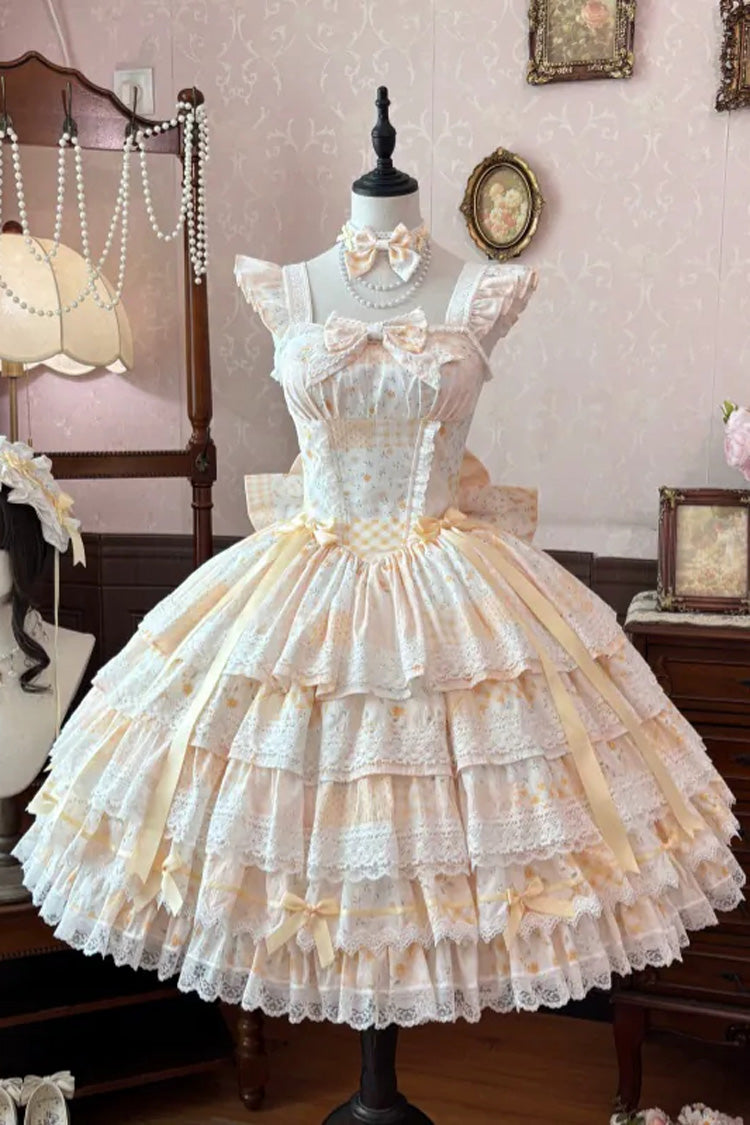 Yellow [Flower’s Tale] Square Collar Flutter Sleeves Multi-Layered Printed Bow Lace Slim Fit Sweet Lolita Dress – image 4