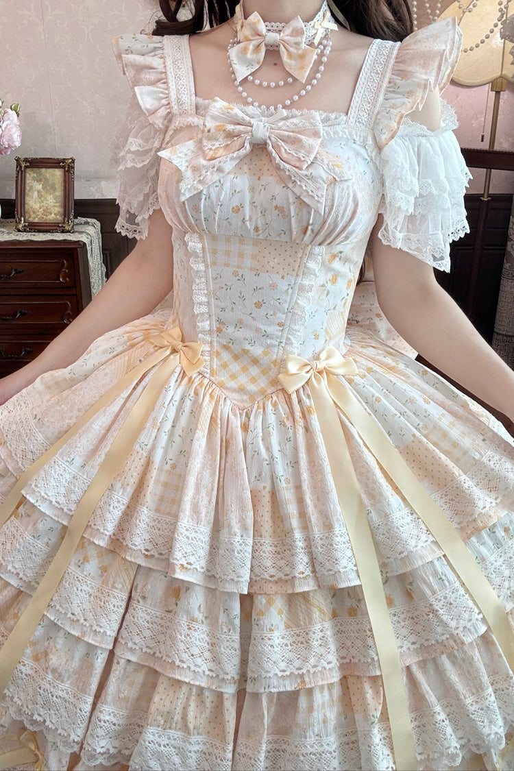 Yellow [Flower’s Tale] Square Collar Flutter Sleeves Multi-Layered Printed Bow Lace Slim Fit Sweet Lolita Dress – image 5