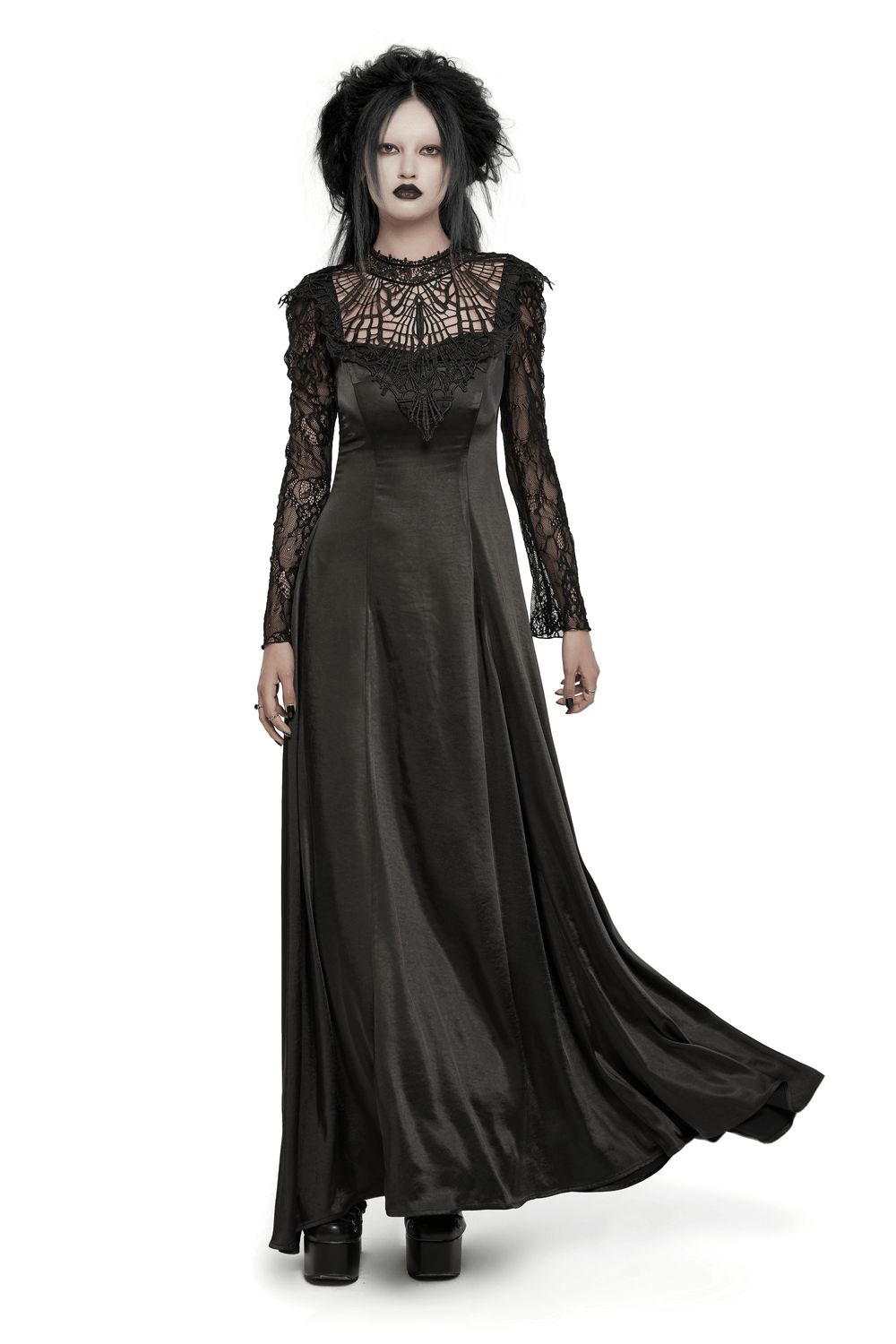 Long Gothic Dress with Lace Sleeves and Drawstring Back - image 1