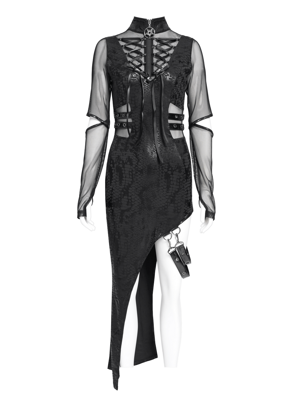 Mesh Sleeved Asymmetrical Dress with Buckles and Zipper - image 4