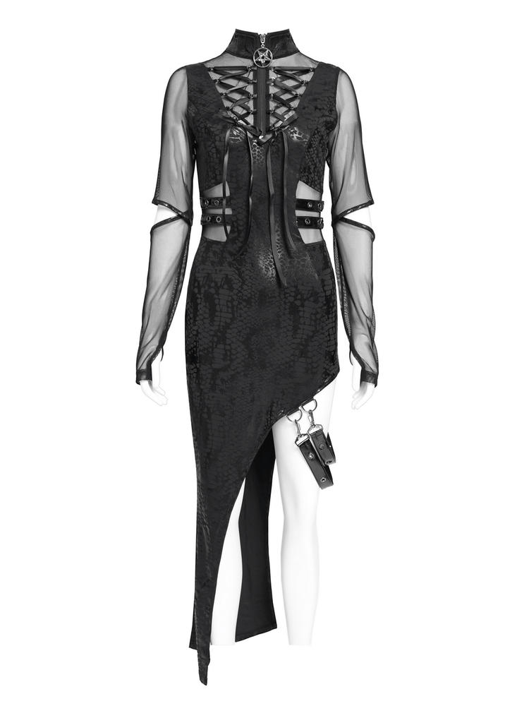 Mesh Sleeved Asymmetrical Dress with Buckles and Zipper - image 4