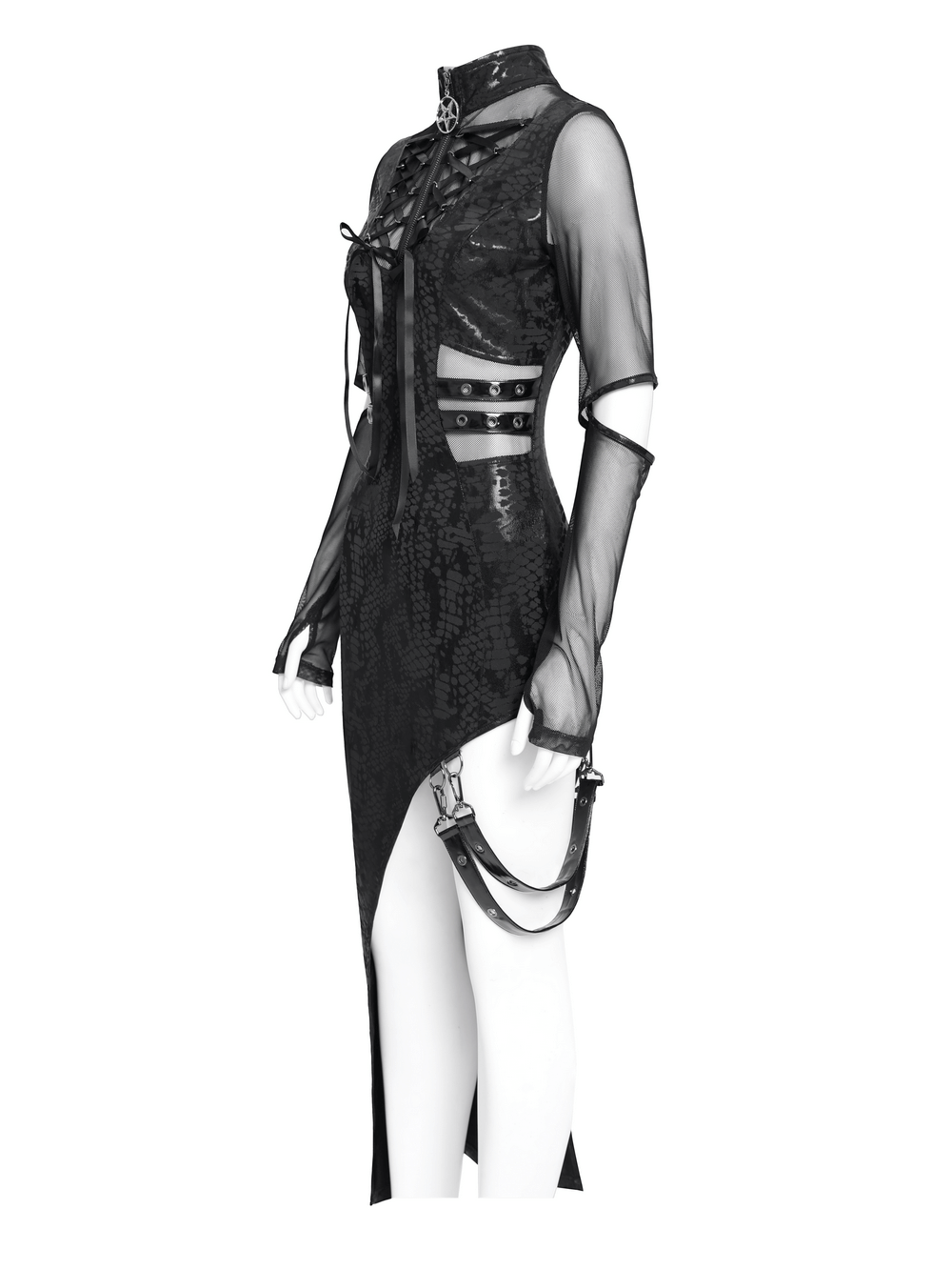 Mesh Sleeved Asymmetrical Dress with Buckles and Zipper - image 6