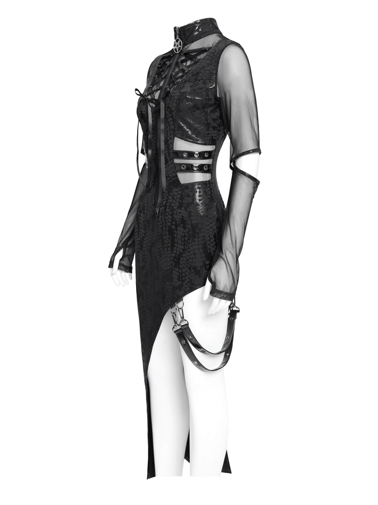 Mesh Sleeved Asymmetrical Dress with Buckles and Zipper - image 6