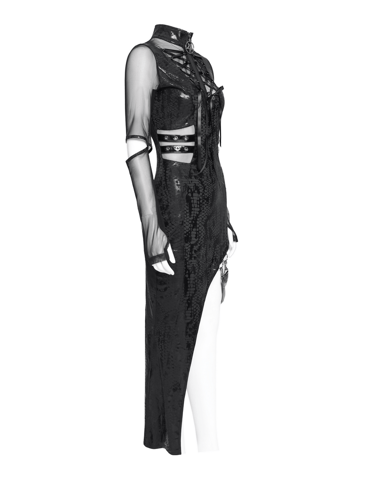 Mesh Sleeved Asymmetrical Dress with Buckles and Zipper - image 5
