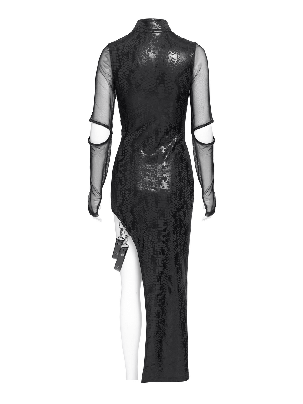 Mesh Sleeved Asymmetrical Dress with Buckles and Zipper - image 7