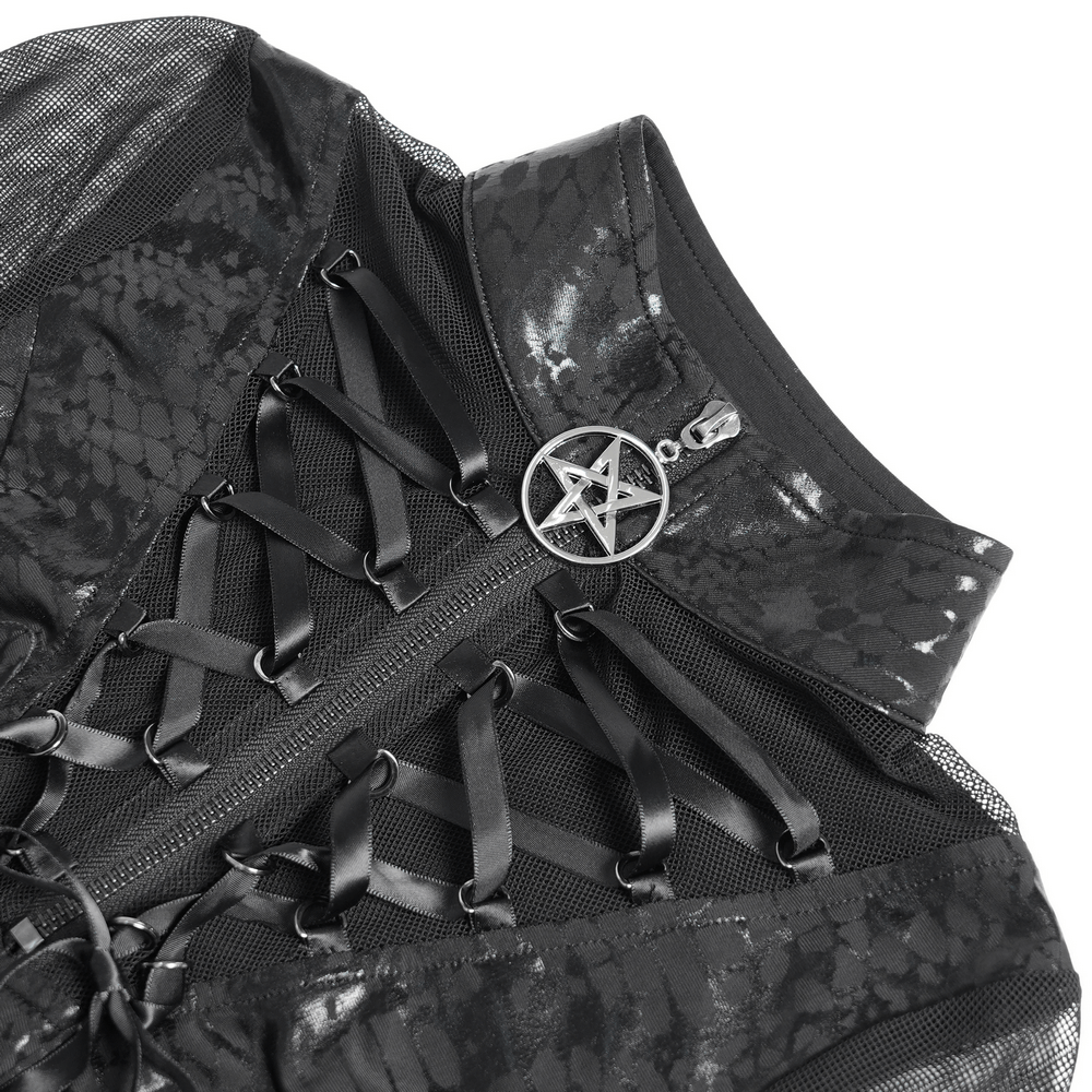 Mesh Sleeved Asymmetrical Dress with Buckles and Zipper - image 8