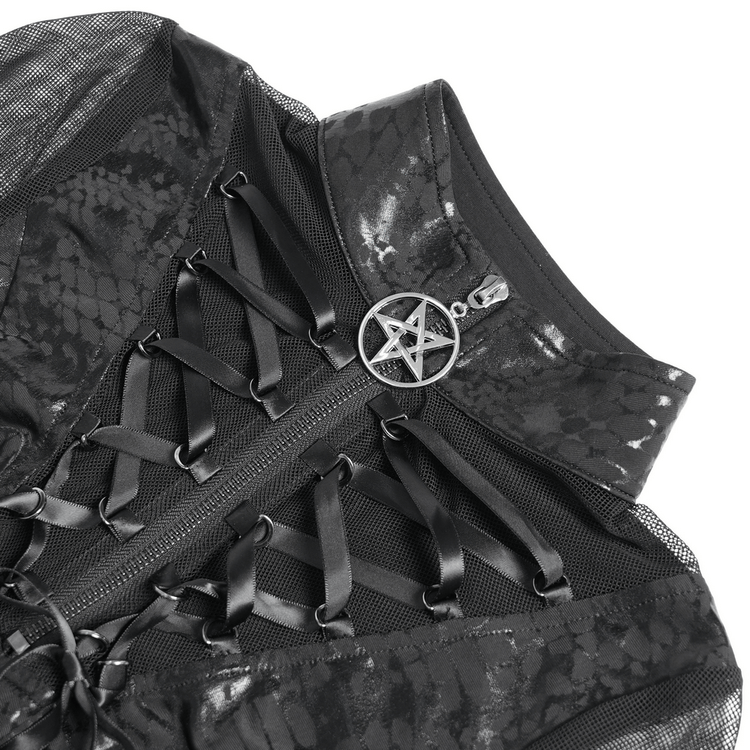 Mesh Sleeved Asymmetrical Dress with Buckles and Zipper - image 8