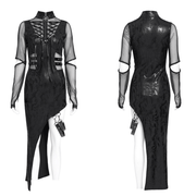 Mesh Sleeved Asymmetrical Dress with Buckles and Zipper - image 3