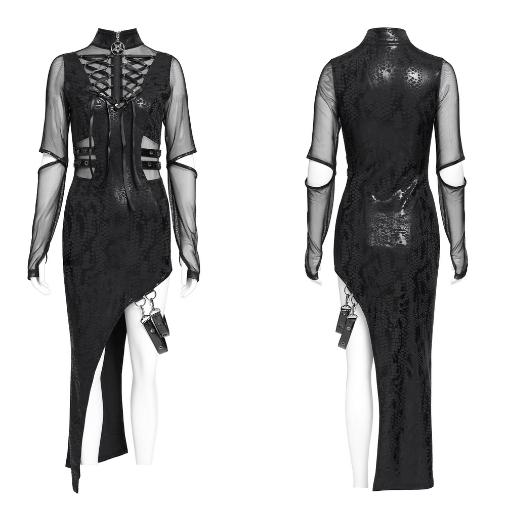 Mesh Sleeved Asymmetrical Dress with Buckles and Zipper - image 3