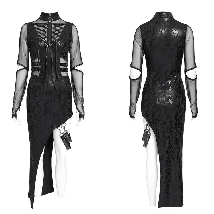 Mesh Sleeved Asymmetrical Dress with Buckles and Zipper - image 3
