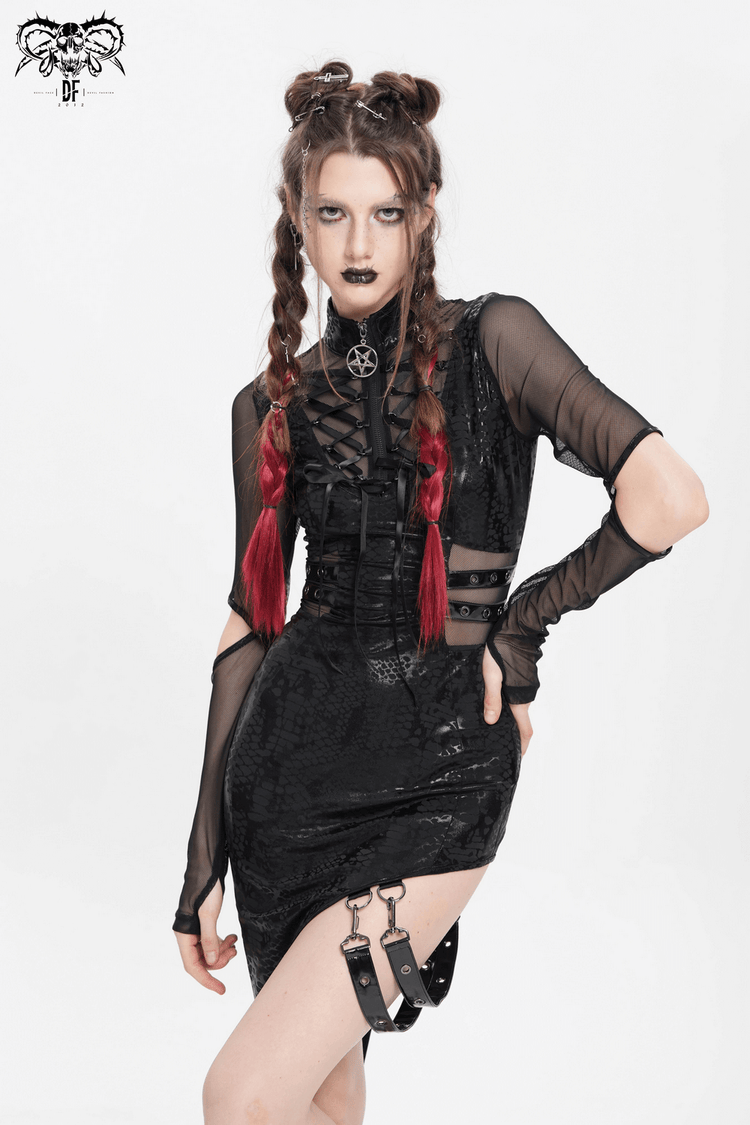 Mesh Sleeved Asymmetrical Dress with Buckles and Zipper - image 16