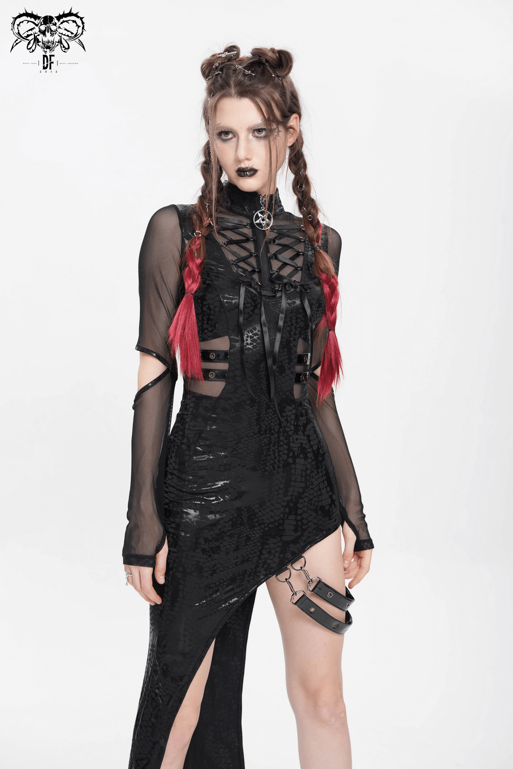 Mesh Sleeved Asymmetrical Dress with Buckles and Zipper - image 17
