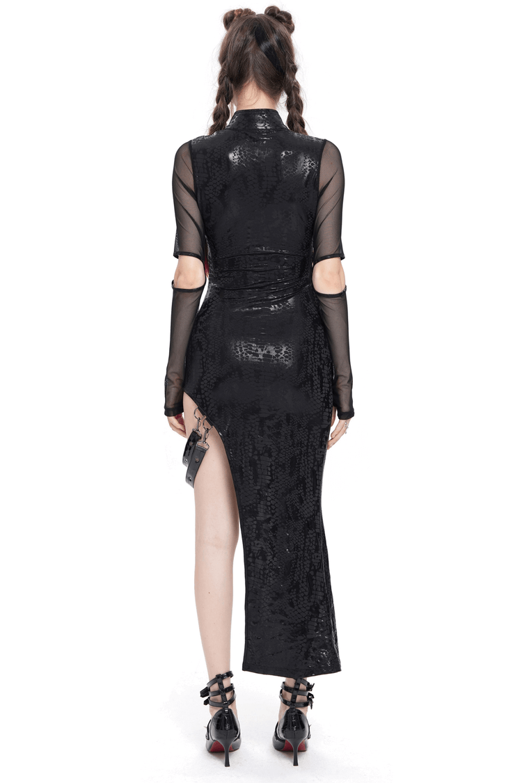 Mesh Sleeved Asymmetrical Dress with Buckles and Zipper - image 2