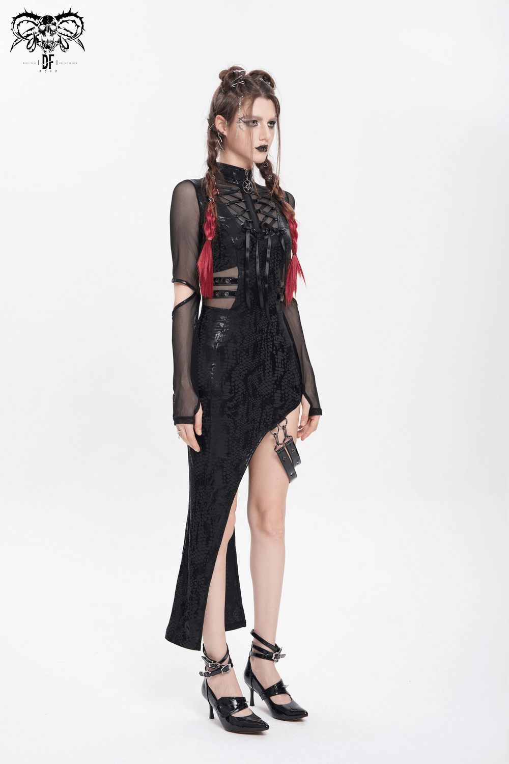 Mesh Sleeved Asymmetrical Dress with Buckles and Zipper - image 18