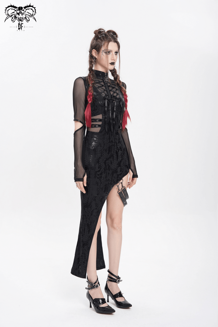 Mesh Sleeved Asymmetrical Dress with Buckles and Zipper - image 18