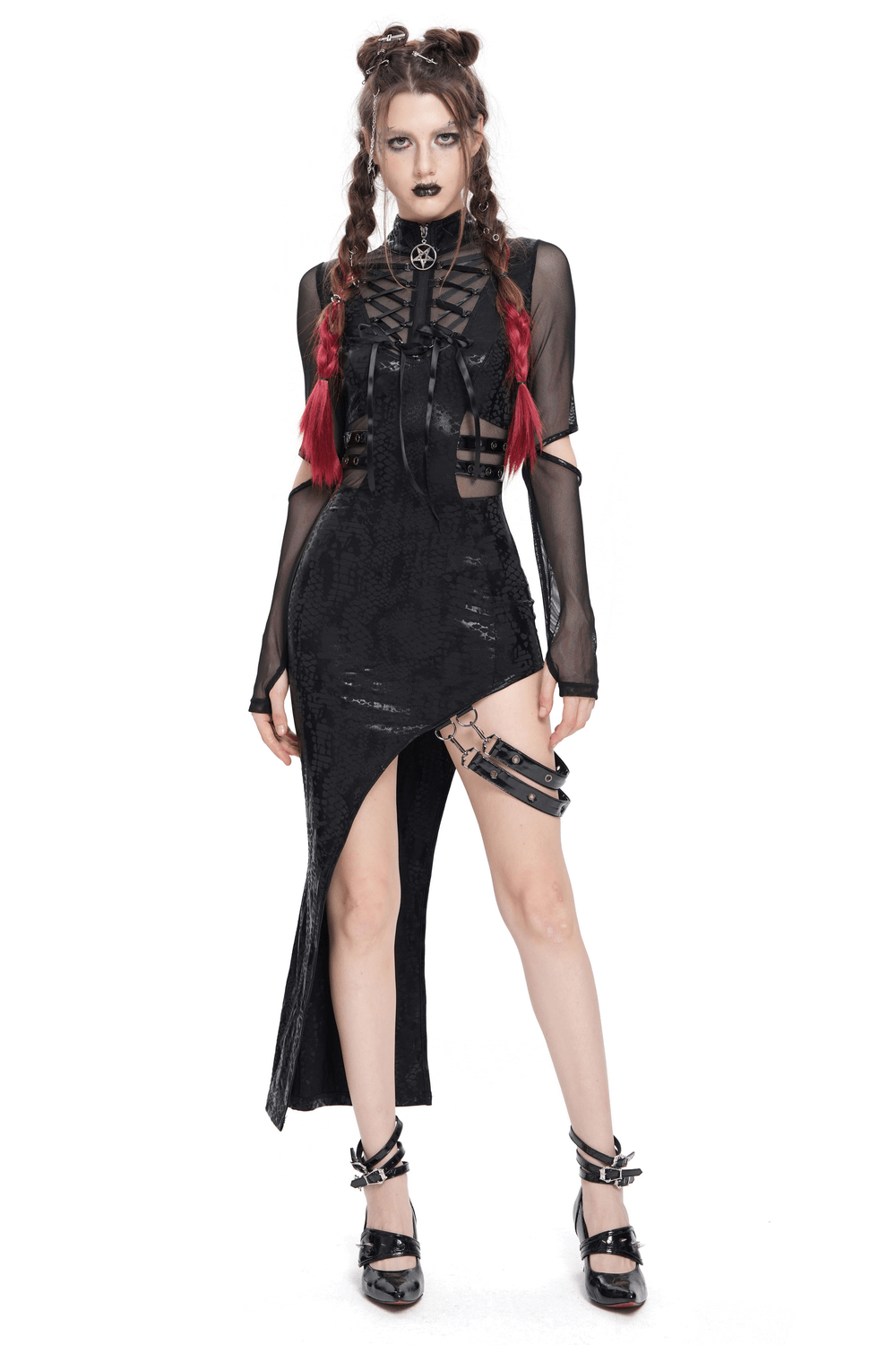 Mesh Sleeved Asymmetrical Dress with Buckles and Zipper - image 1