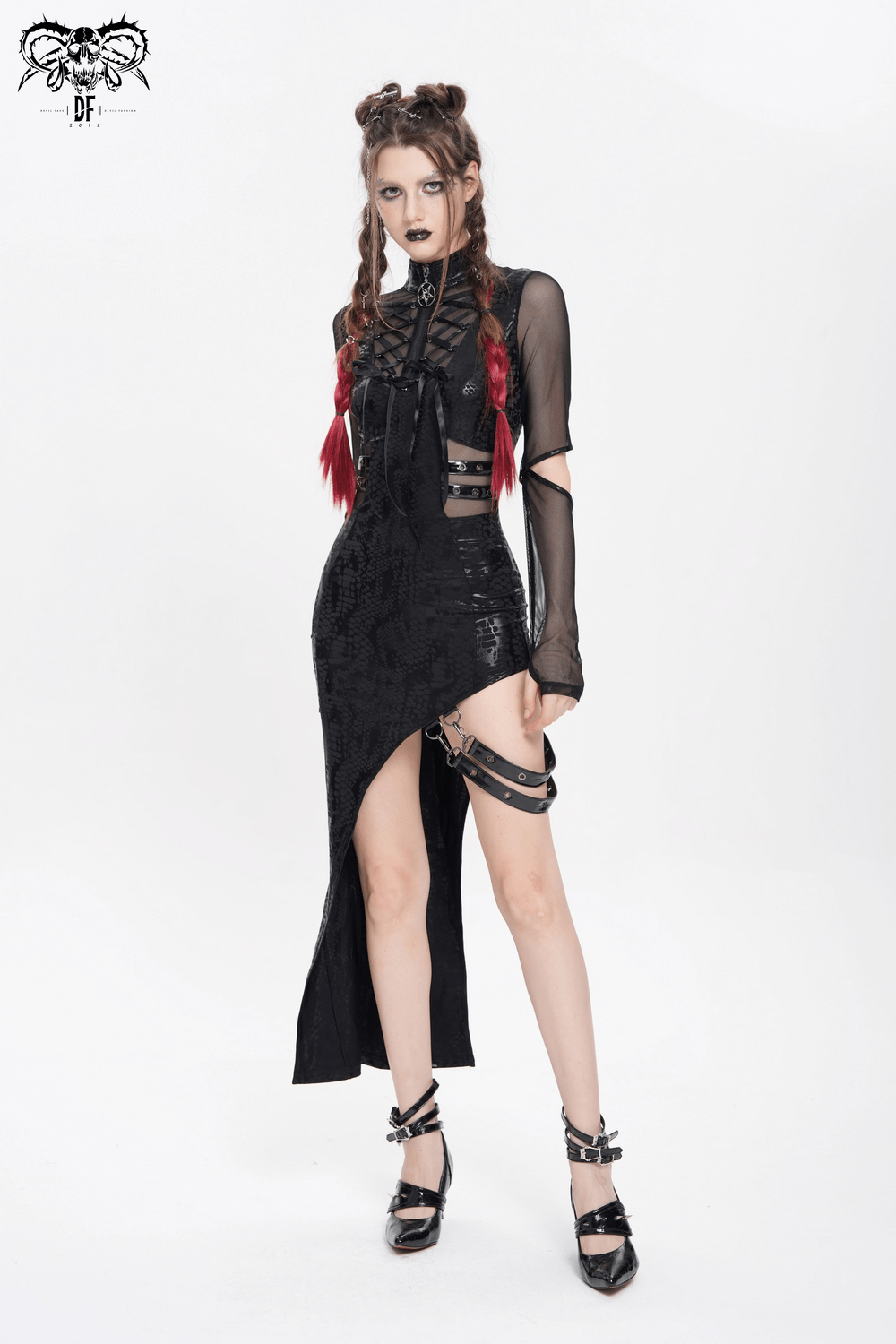 Mesh Sleeved Asymmetrical Dress with Buckles and Zipper - image 19