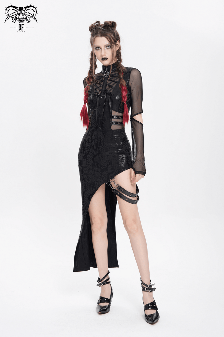 Mesh Sleeved Asymmetrical Dress with Buckles and Zipper - image 19