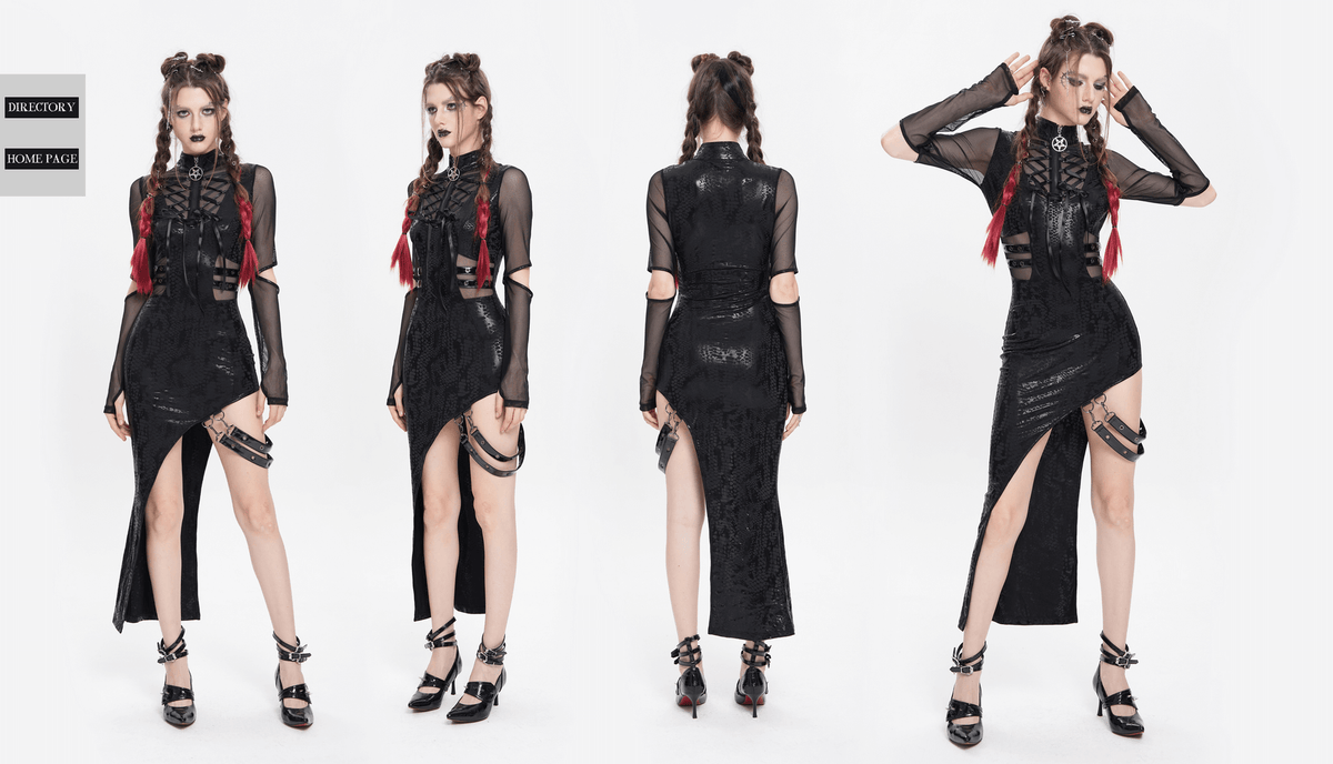 Mesh Sleeved Asymmetrical Dress with Buckles and Zipper - image 20