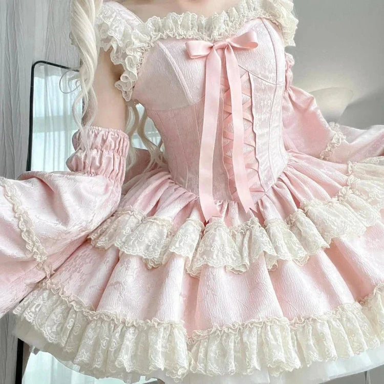 Pink ribbon lace ruffle Sweet Lolita dress front view