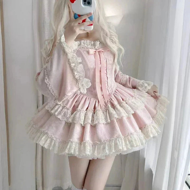 Full pink lace Sweet Lolita dress outfit