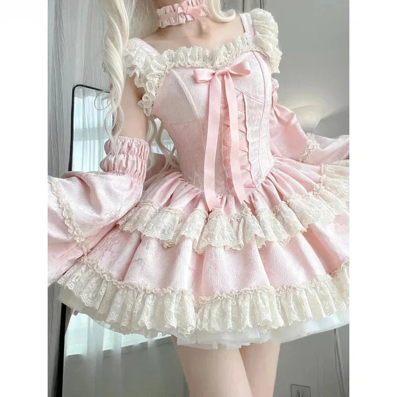 Pink lace ruffle dress with front bow and separate sleeves