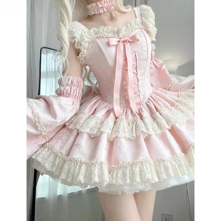 Pink lace ruffle dress with front bow and separate sleeves