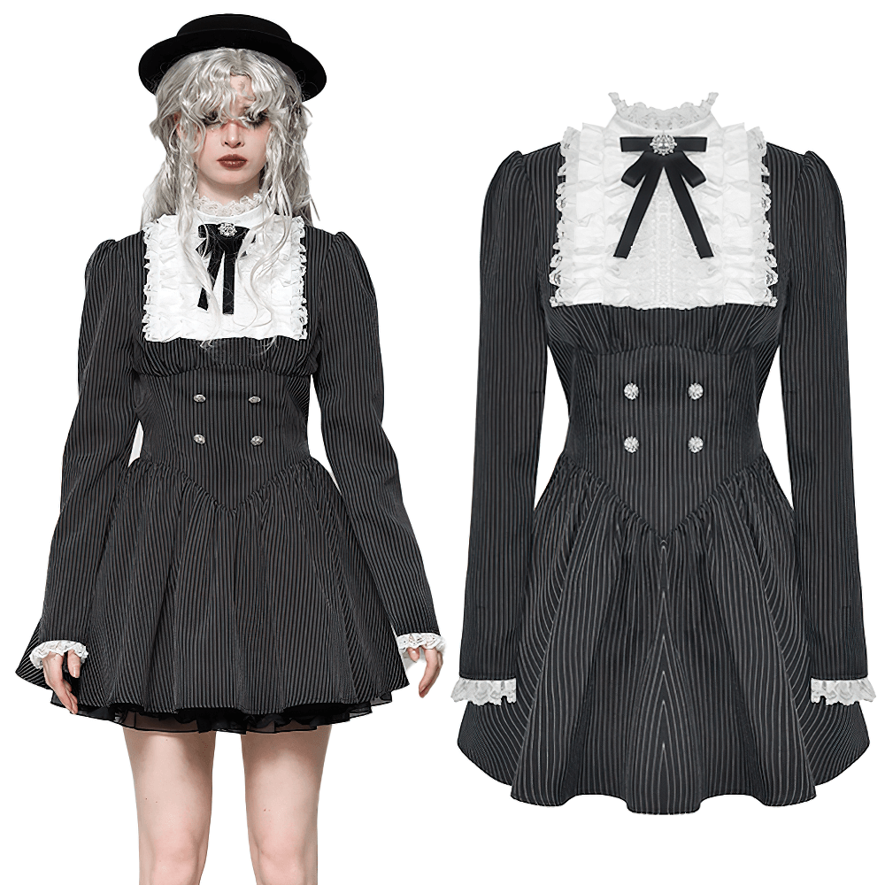 Pinstripe Gothic Dress with Lace Ruffle and Bow Details - image 3
