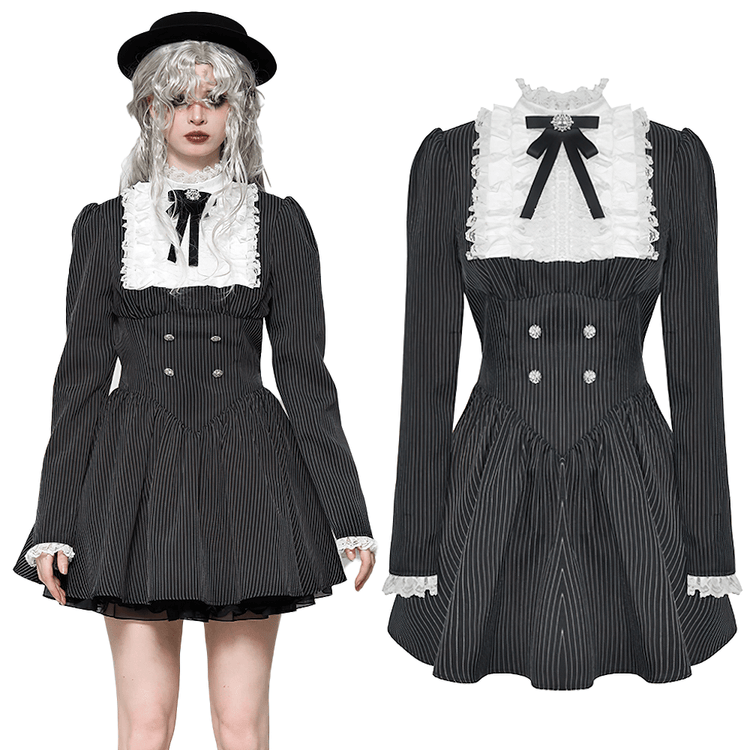 Pinstripe Gothic Dress with Lace Ruffle and Bow Details - image 3