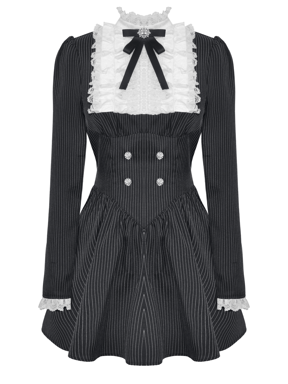 Pinstripe Gothic Dress with Lace Ruffle and Bow Details - image 4