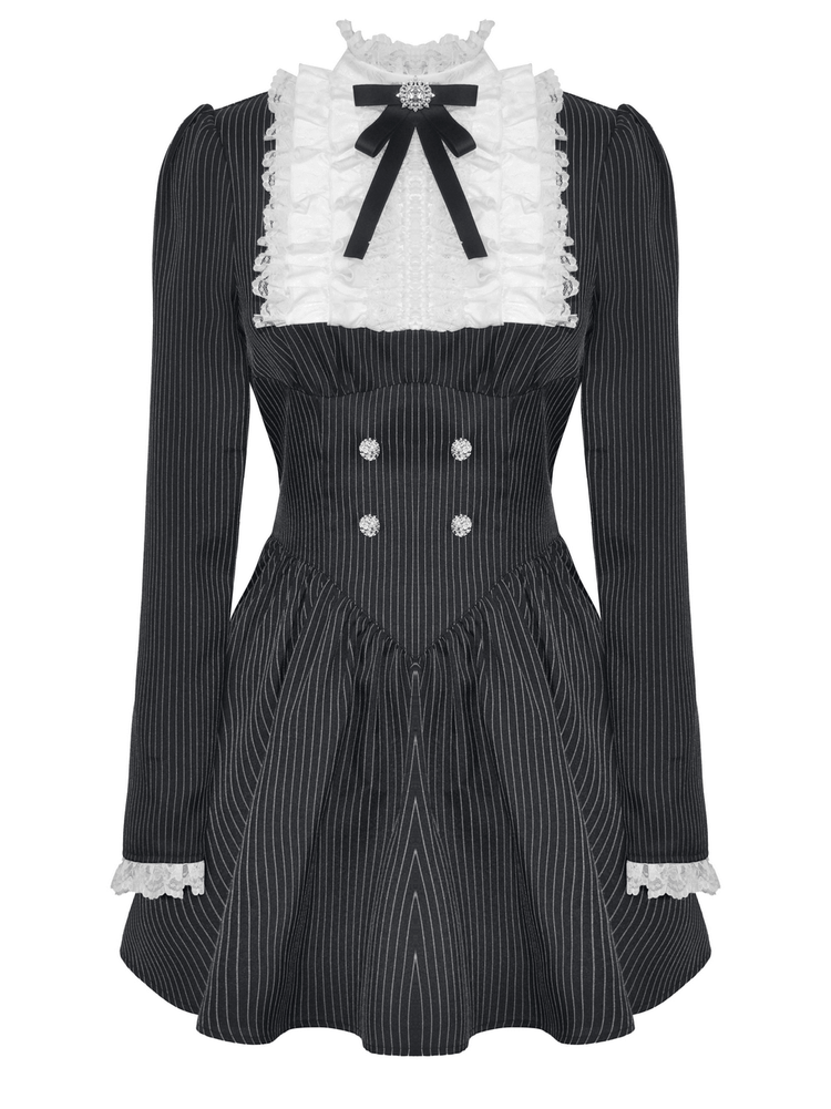 Pinstripe Gothic Dress with Lace Ruffle and Bow Details - image 4