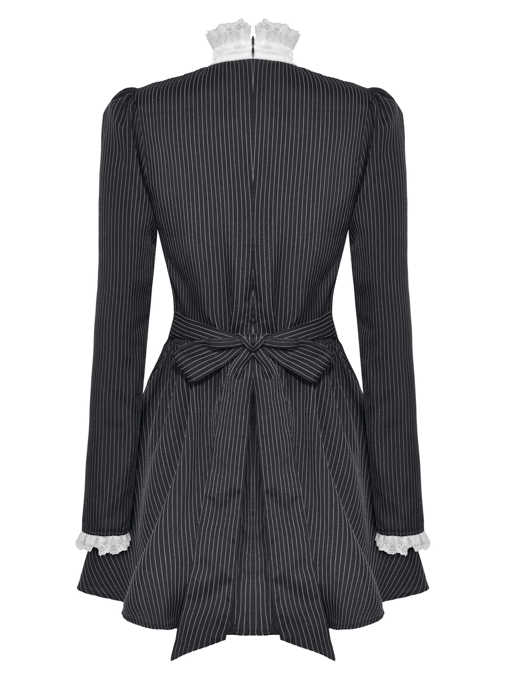 Pinstripe Gothic Dress with Lace Ruffle and Bow Details - image 5