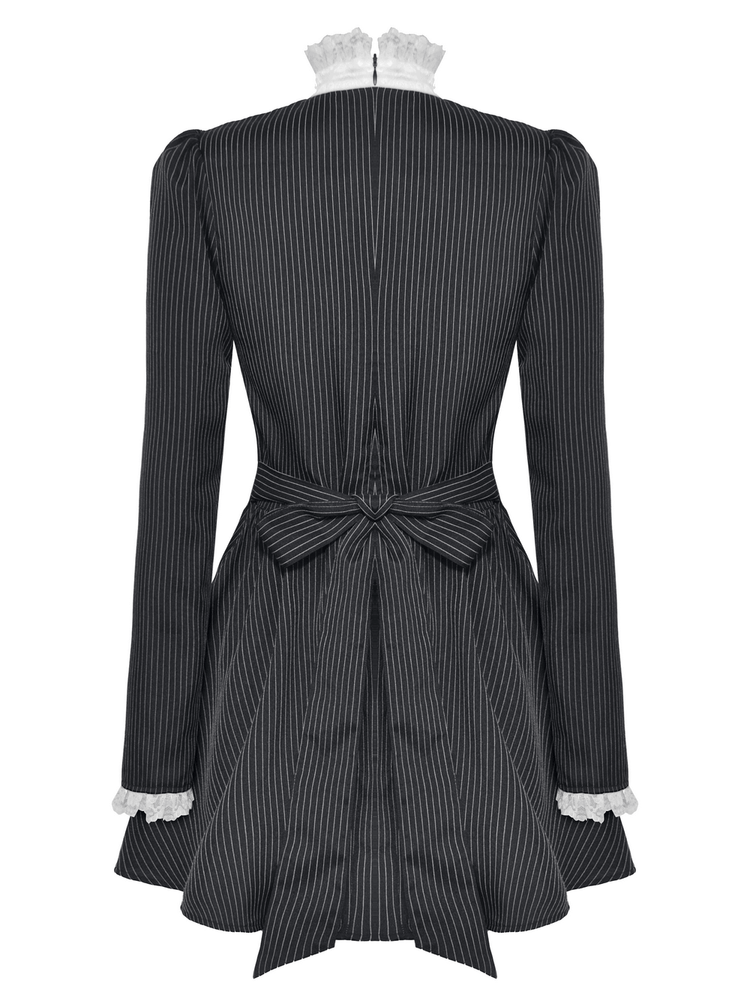 Pinstripe Gothic Dress with Lace Ruffle and Bow Details - image 5