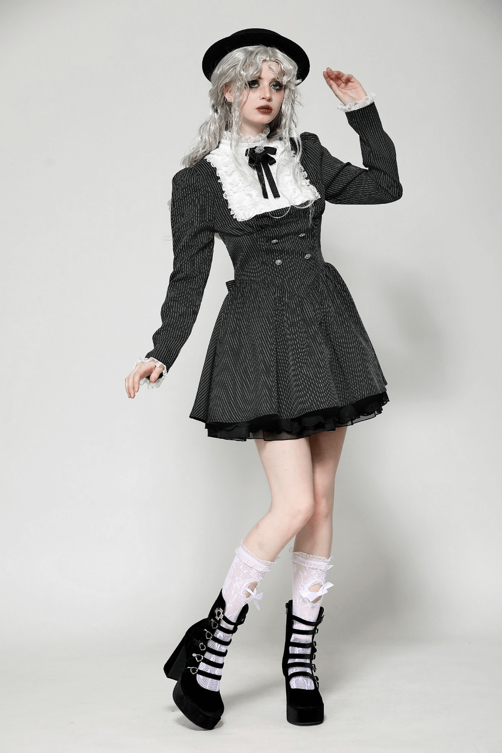 Pinstripe Gothic Dress with Lace Ruffle and Bow Details - image 12