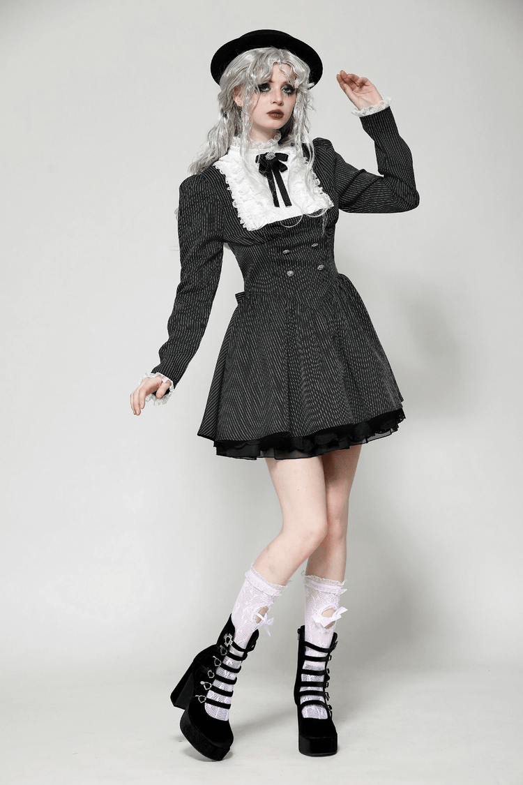 Pinstripe Gothic Dress with Lace Ruffle and Bow Details - image 12