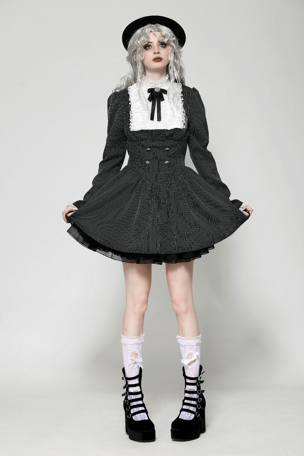 Pinstripe Gothic Dress with Lace Ruffle and Bow Details - image 13