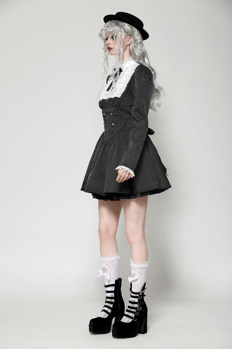 Pinstripe Gothic Dress with Lace Ruffle and Bow Details - image 15