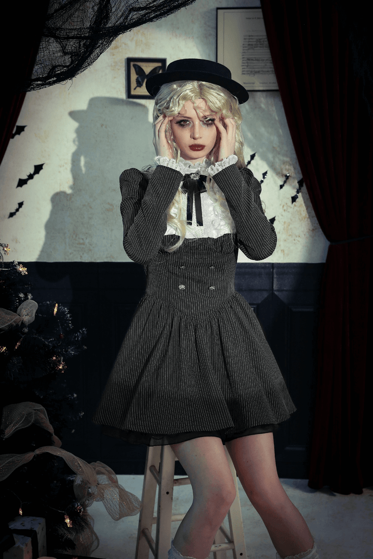 Pinstripe Gothic Dress with Lace Ruffle and Bow Details - image 16