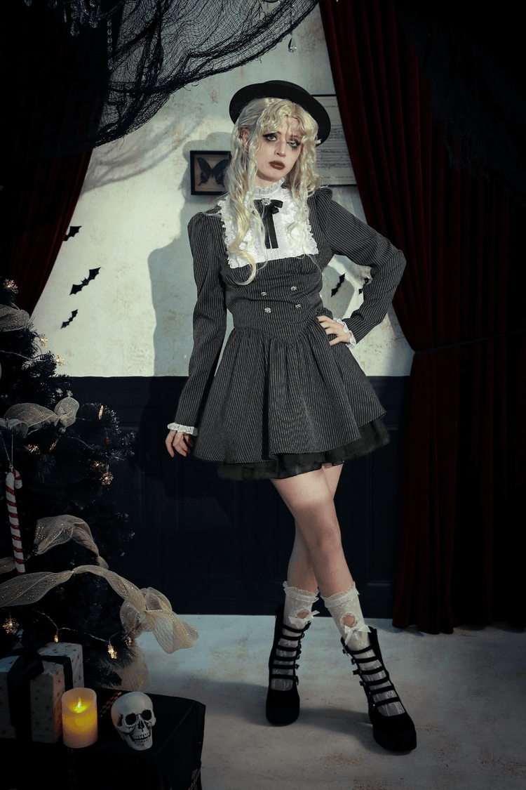 Pinstripe Gothic Dress with Lace Ruffle and Bow Details - image 18