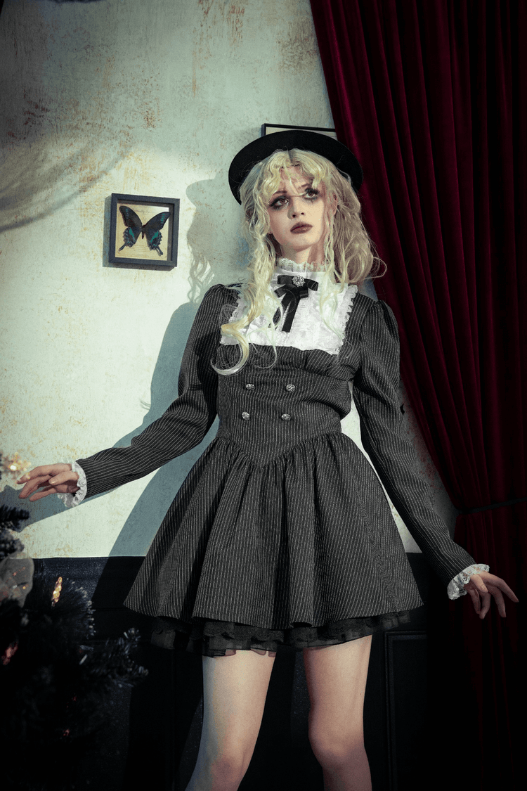 Pinstripe Gothic Dress with Lace Ruffle and Bow Details - image 17