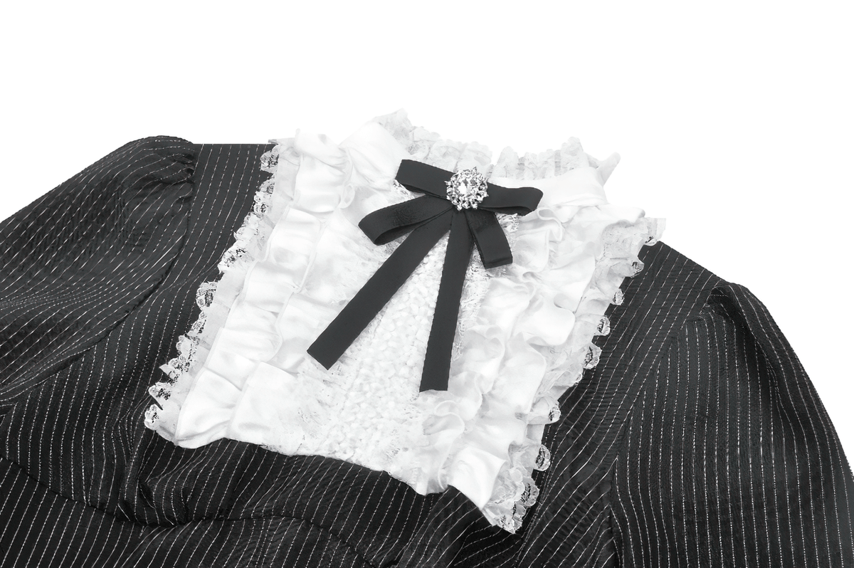 Pinstripe Gothic Dress with Lace Ruffle and Bow Details - image 6