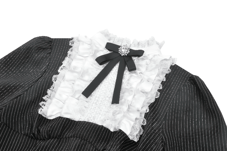 Pinstripe Gothic Dress with Lace Ruffle and Bow Details - image 6