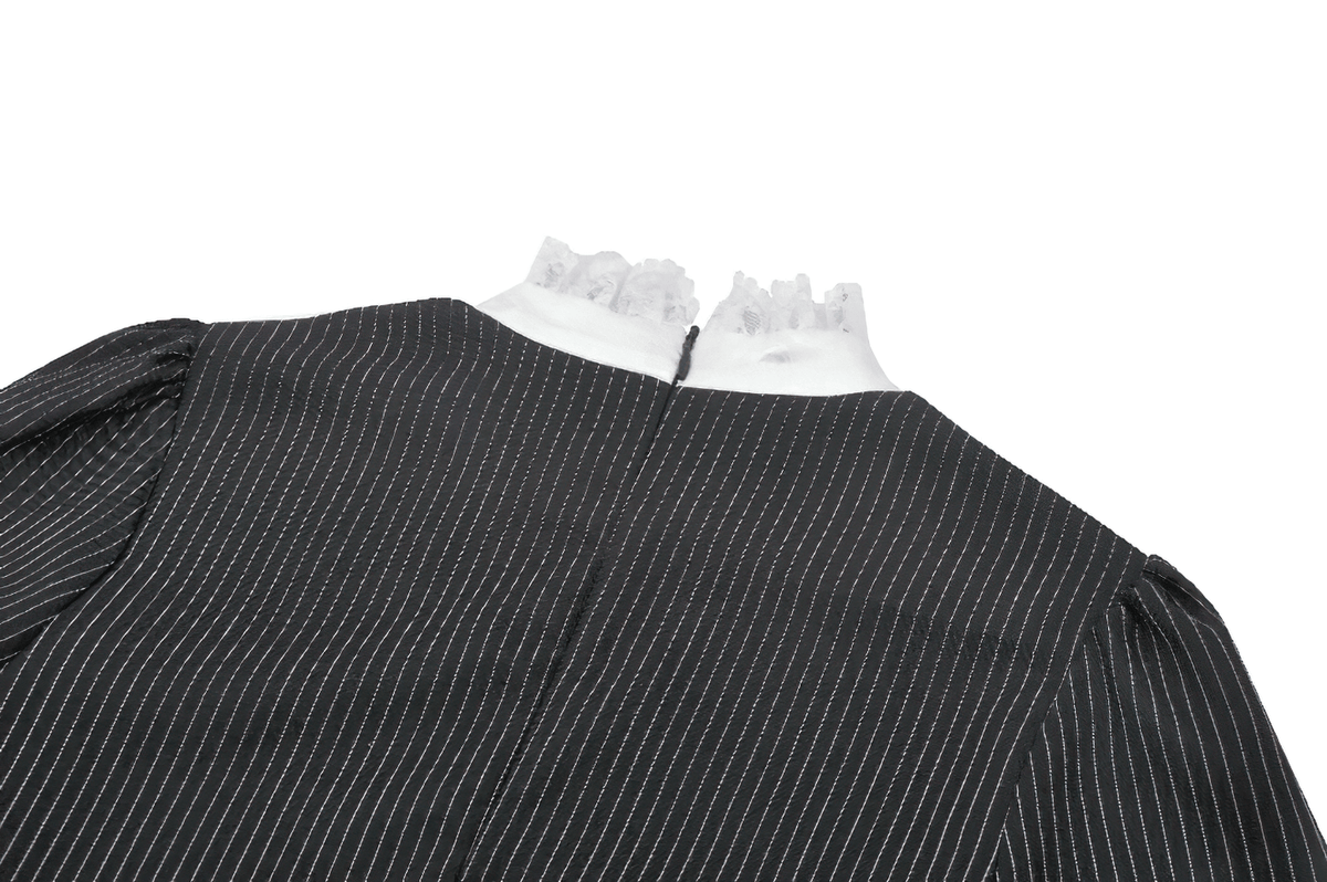 Pinstripe Gothic Dress with Lace Ruffle and Bow Details - image 7