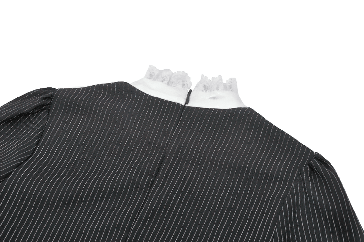 Pinstripe Gothic Dress with Lace Ruffle and Bow Details - image 7