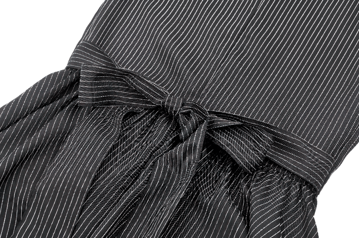 Pinstripe Gothic Dress with Lace Ruffle and Bow Details - image 9