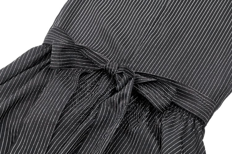 Pinstripe Gothic Dress with Lace Ruffle and Bow Details - image 9
