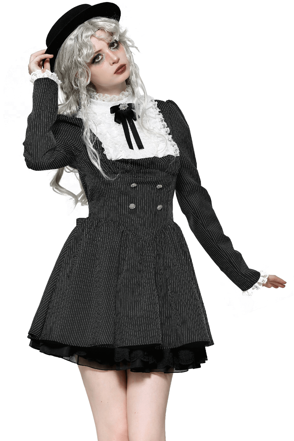 Pinstripe Gothic Dress with Lace Ruffle and Bow Details - image 1