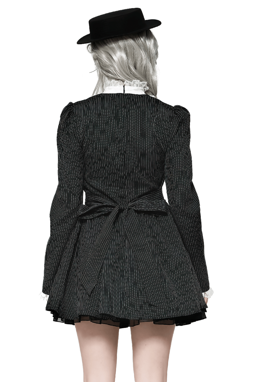 Pinstripe Gothic Dress with Lace Ruffle and Bow Details - image 2
