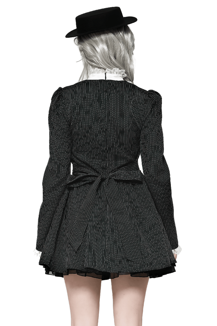 Pinstripe Gothic Dress with Lace Ruffle and Bow Details - image 2