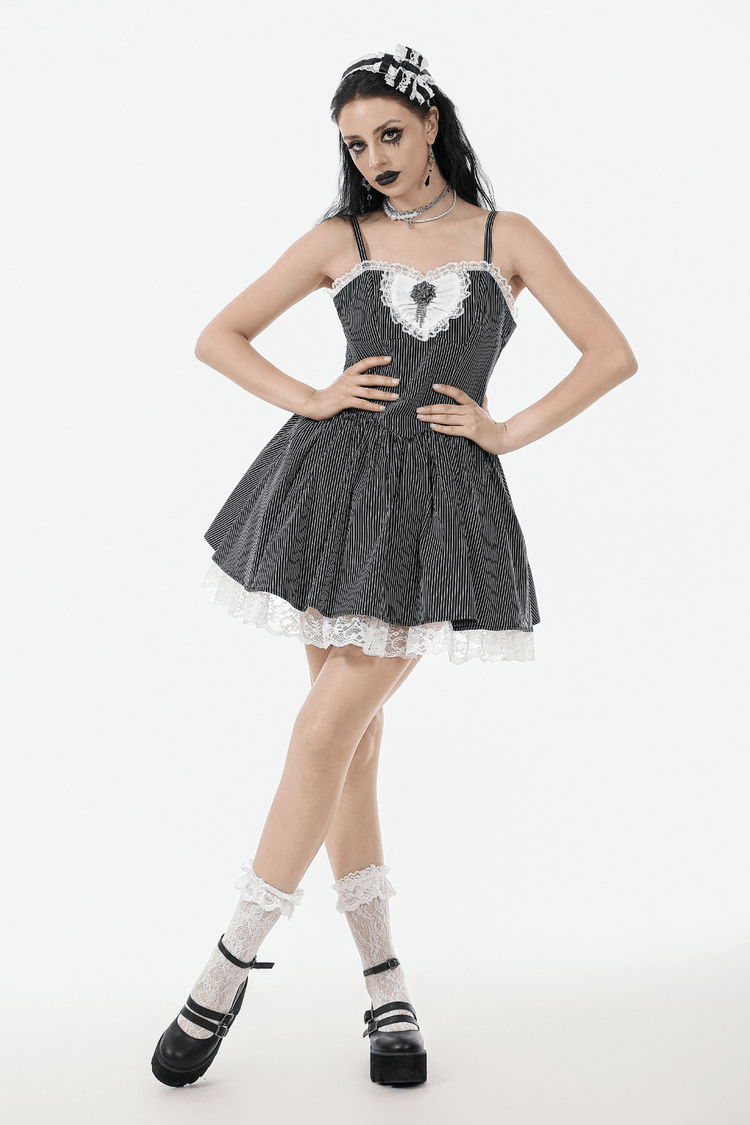 Pinstripe Gothic Dress with Lace Trim and Corset Back - image 13